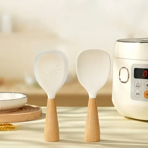 Standing Rice Paddle Food Grade Silicone Beech Wood Handle Non-stick Heat Resistant Kitchen Rice Cooker Scoop Vertical Design