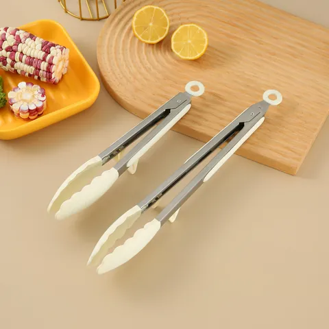 Brushed Stainless Steel Silicone Food Tongs With Stand Heat Resistant Non-Slip Bread BBQ Meat Tongs For Kitchen Baking