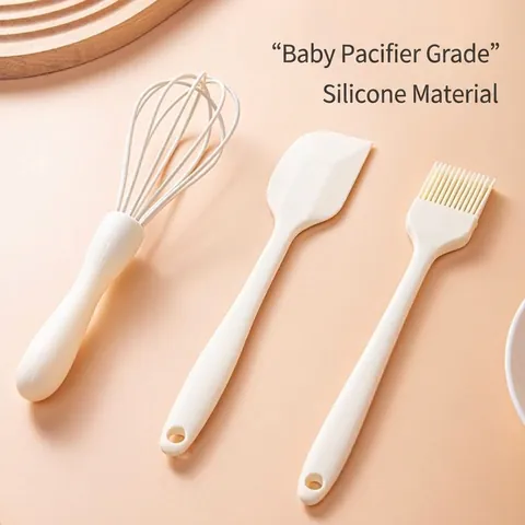 Silicone Baking Tool Set Creamy White 3 Pieces Includes Spatula Oil Brush Whisk Heat Resistant Integrated Kitchen Tools For Cake Cream BBQ