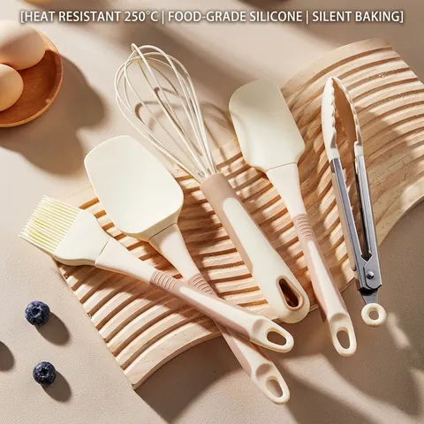 Heat Resistant Silicone Kitchen Utensils Scraper Whisk Oil Brush Food Tongs Cream Color Cooking Tools Home Baking