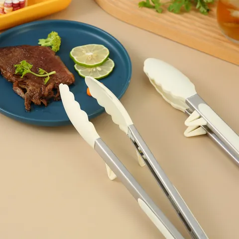 Brushed Stainless Steel Silicone Food Tongs With Stand Heat Resistant Non-Slip Bread BBQ Meat Tongs For Kitchen Baking