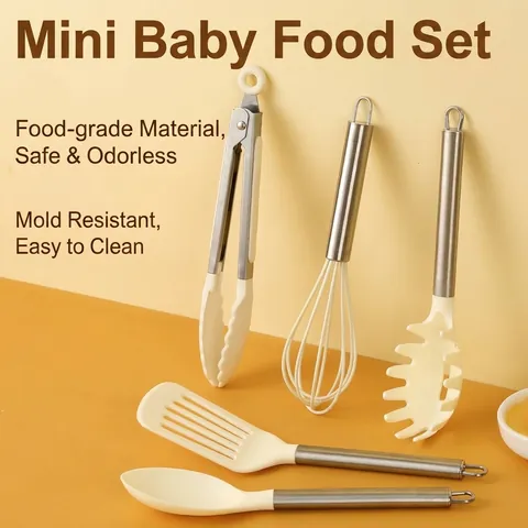 Mini Stainless Steel Nylon Kitchen Utensil Set 5 Pieces Heat Resistant Spatula Egg Whisk Tongs Pasta Server For Baby Food