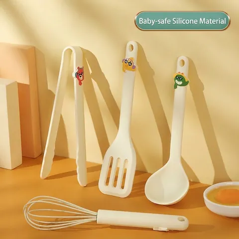 Heat Resistant Silicone Kitchen Utensils Set Mini Spatula Soup Spoon Egg Whisk Food Tongs With Cartoon Decor For Nonstick Cookware