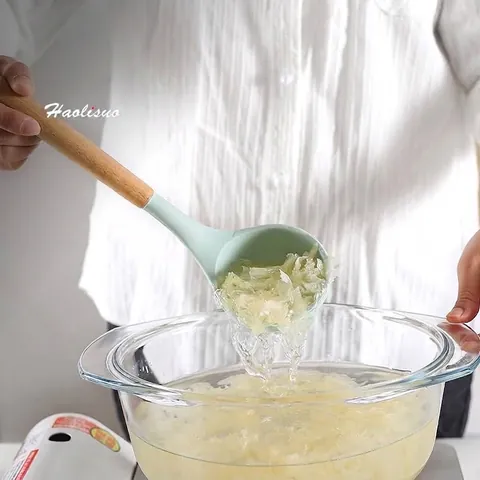 12 Pcs Ustensiles de Cuisine en Silicone Avec Manche en Bois Naturel Vert Menthe Résistant à la Chaleur Spatule Cuillère à Soupe Avec Pot