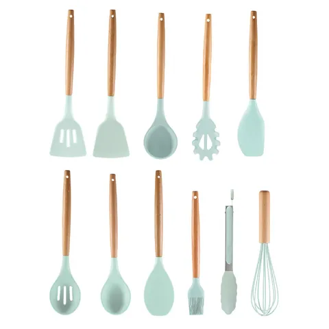 12 Pcs Ustensiles de Cuisine en Silicone Avec Manche en Bois Naturel Vert Menthe Résistant à la Chaleur Spatule Cuillère à Soupe Avec Pot