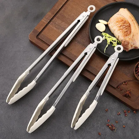 Silicone Food Tongs With Stand 430 Stainless Steel Heat Resistant Non-slip Kitchen Serving Tongs For BBQ Steak Cooking