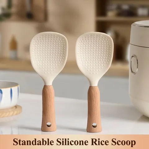 Food Grade Silicone Rice Spoon With Beech Wood Handle Non-stick Self Standing Rice Paddle Heat Resistant Kitchen Cooking Shovel