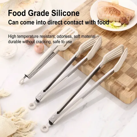 430 Stainless Steel Silicone Food Tongs Heat Resistant Non-Slip BBQ Baking Bread Steak Tongs With Locking Ring Kitchen Utensils