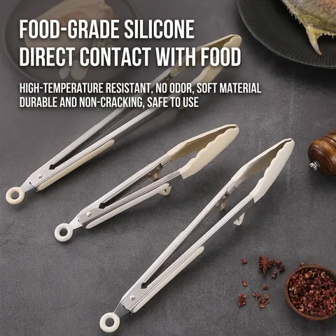 Silicone Food Tongs With Stand 430 Stainless Steel Heat Resistant Non-slip Kitchen Serving Tongs For BBQ Steak Cooking