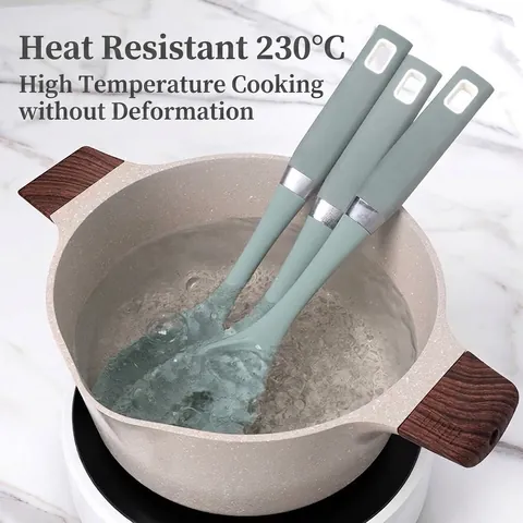 Heat Resistant Silicone Kitchenware Set Non Stick Cooking Utensils With Rotating Stand Mint Green Home Kitchen Tools