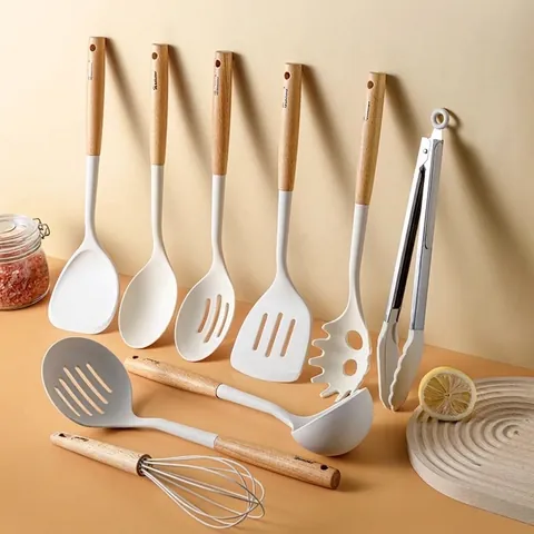 Heat Resistant Silicone Kitchen Utensil Set With Beech Wood Handle Non Stick Spatula Ladle Turner Whisk Tongs Cooking Tools