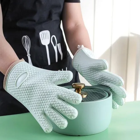 Heat Resistant Silicone Oven Mitts Non-slip Five Finger Baking Gloves With Cotton Lining Microwave Oven Kitchen Cooking Mitts