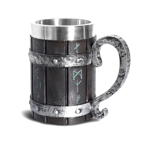 Vintage Viking Pirate Beer Mug Stainless Steel Liner Resin Wooden Barrel Shape Nordic Rune Mug For Bar Party Home Decor