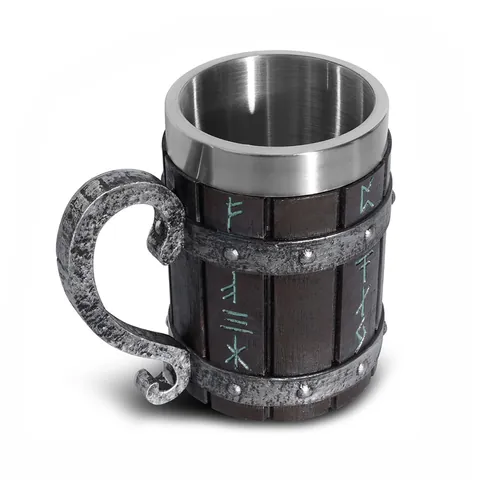 Vintage Viking Pirate Beer Mug Stainless Steel Liner Resin Wooden Barrel Shape Nordic Rune Mug For Bar Party Home Decor