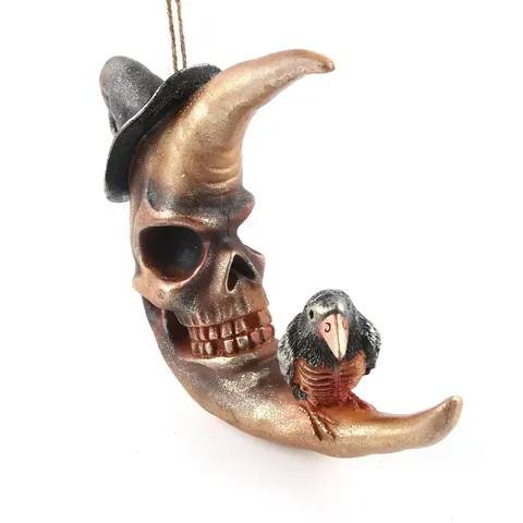 Halloween Resin Skull Crescent Moon Wizard Hat Hanging Ornament Gothic Crow Statue Vintage Bronze Desktop Home Decoration
