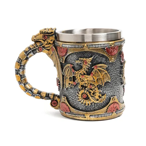Retro Steampunk Mechanische Drache Becher Edelstahl Auskleidung Harz Relief Pterosaurier Bierkrug Vintage Gothic Trinkbecher