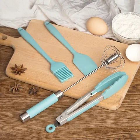 Silicone Baking Tool Set with Semi-Automatic Whisk Food Tongs Spatula and Brush Stainless Steel Handle Kitchen Cooking Utensils