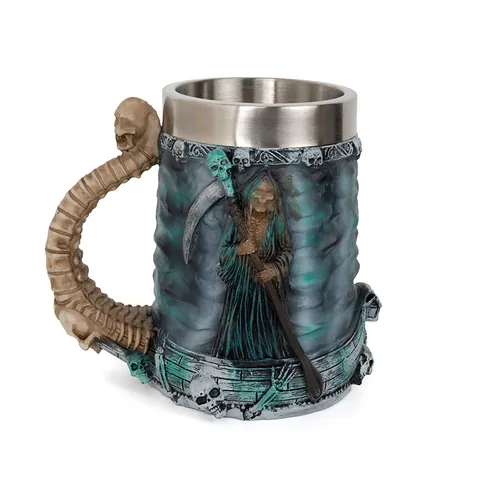 Gothic Grim Reaper Beer Mug With Stainless Steel Liner 3D Skull Relief Resin Tankard Spinal Handle Halloween Party Decor