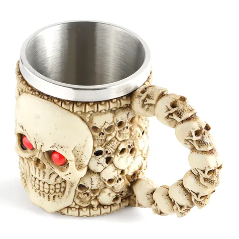 Gothic Skull Head Mug Stainless Steel Liner Carved Coffee Cup Halloween Party Decoration Drinking Mug Barware Cup