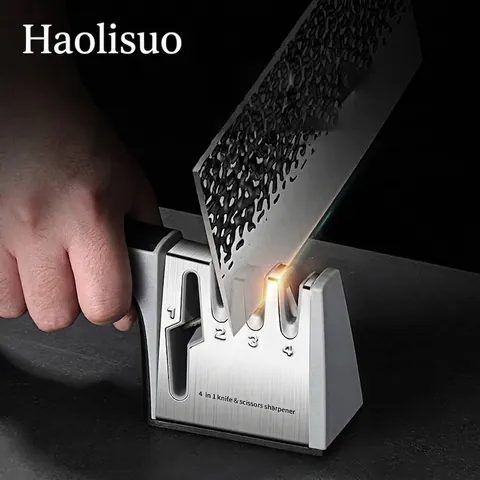 Manual Knife Sharpener Four Stages Fast Sharpening Tool for Kitchen Knives and Scissors Ergonomic Handle Stainless Steel Base