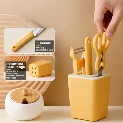 Juego de 4 Herramientas de Cocina de Acero Inoxidable Con Base Cuchillo para Fruta Tijeras Pelador Juego Amarillo Moderno