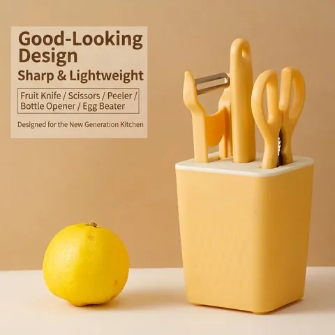Juego de 4 Herramientas de Cocina de Acero Inoxidable Con Base Cuchillo para Fruta Tijeras Pelador Juego Amarillo Moderno
