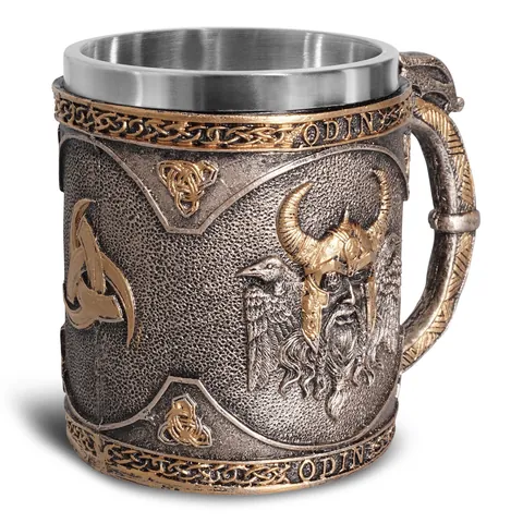 Viking Beer Mug Odin Norse Mythology Steinn Stainless Steel Liner Resin 3D Relief Tankard Vintage Halloween Coffee Mug