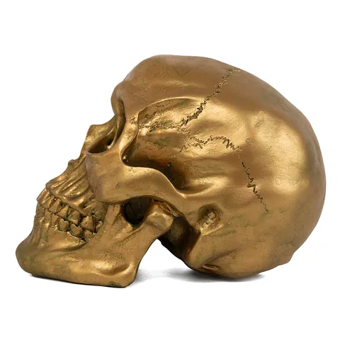 Statua del Teschio in Resina Dorata Realistica Decorazioni Halloween Gotico Teschio Umano Statuetta Ornamento Metallico per Feste