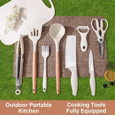 Portable Outdoor Camping Kitchen Cookware Set With Storage Bag Stainless Steel Ceramic Knife Cutting Board Utensils Picnic Cooking Gear