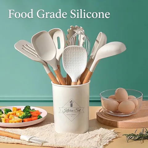 11pcs Silicone Kitchen Utensil Set Beech Wood Handle Heat Resistant Non-stick Cooking Tools Cream White Kitchenware With Bucket