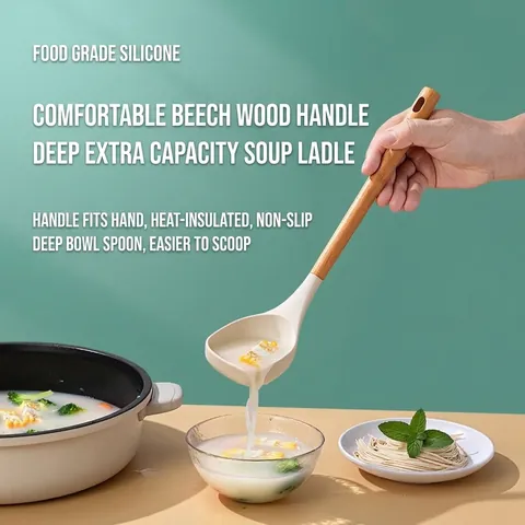 11pcs Silicone Kitchen Utensil Set Beech Wood Handle Heat Resistant Non-stick Cooking Tools Cream White Kitchenware With Bucket