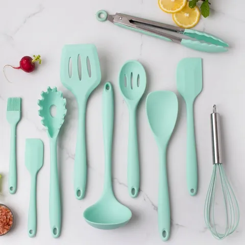Set di Utensili da Cucina in Silicone Resistente al Calore Con Manico in Legno Spatola Antiaderente Mestolo per Casa Cucina