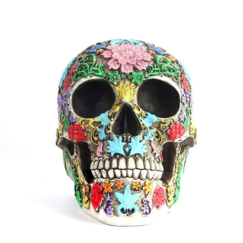 Halloween Resin Sugar Skull Decor Colorful Floral Embossed Skeleton Head Figurine Day of the Dead Home Art Ornament Gift