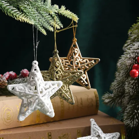 Plastic Hollow Out Star Christmas Tree Hanging Ornaments Glitter Scroll Pattern Xmas Festive Party Home Decorative Pendants