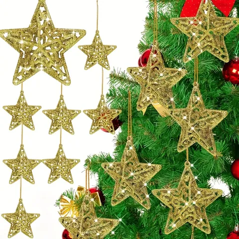 Plastic Hollow Out Star Christmas Tree Hanging Ornaments Glitter Scroll Pattern Xmas Festive Party Home Decorative Pendants