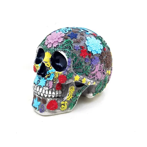 Halloween Resin Sugar Skull Decor Colorful Floral Embossed Skeleton Head Figurine Day of the Dead Home Art Ornament Gift