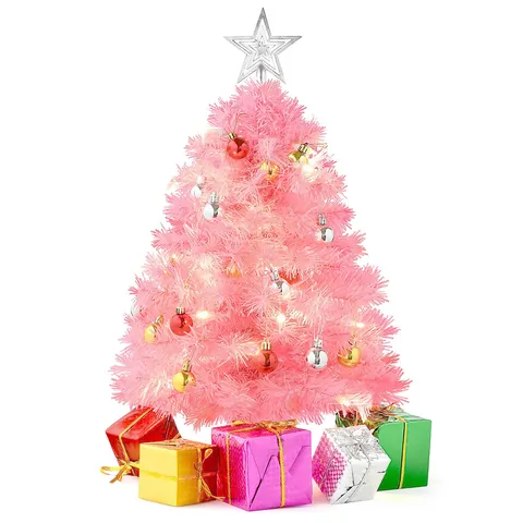 Mini Pink Artificial Christmas Tree Decoration Set Small Tabletop Tree With LED Lights Star Ornaments For Xmas Home Decor
