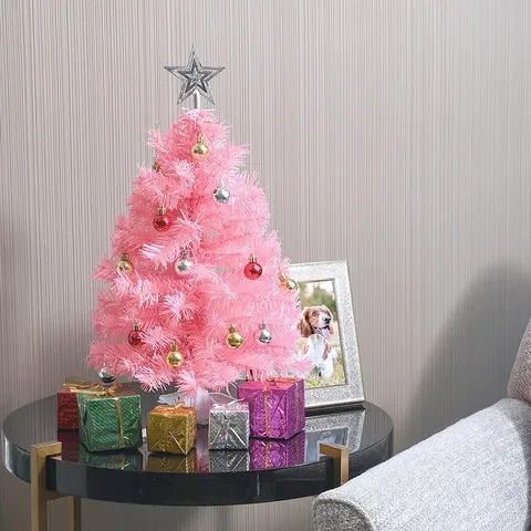 Mini Pink Artificial Christmas Tree Decoration Set Small Tabletop Tree With LED Lights Star Ornaments For Xmas Home Decor