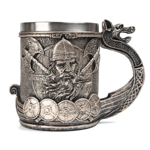 Jarra de Cerveza Vikinga Medieval Cabeza de Dragón Taza de Acero Inoxidable Tallada en 3D Decoración de Guerrero Nórdico