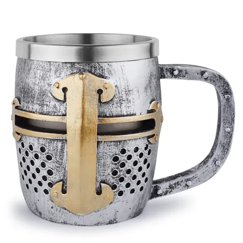 Mittelalterlicher Kreuzritter Helm Becher Harz Edelstahl Bierkrug Retro Vintage Kaffeebecher Für Halloween Home Decor Geschenk
