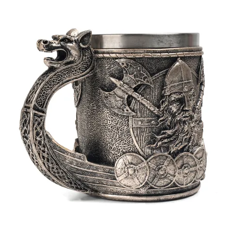 Jarra de Cerveza Vikinga Medieval Cabeza de Dragón Taza de Acero Inoxidable Tallada en 3D Decoración de Guerrero Nórdico