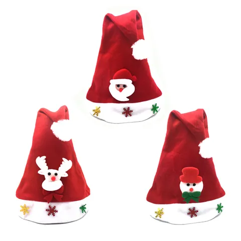 Kids Cartoon Christmas Hat With Santa Claus Reindeer Snowman Patch Sequin Snowflake Decoration Red White Xmas Party Cap For Children