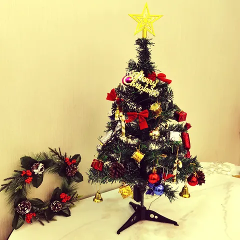 Mini Artificial Christmas Tree Set Tabletop Desktop Decoration with LED Lights Star Topper Bows Bells Ornaments Holiday Xmas Decor