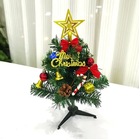 Mini Desktop Artificial Christmas Tree Kit with PVC Ornaments and Multicolor LED Battery Lights Festive Tabletop Decoration