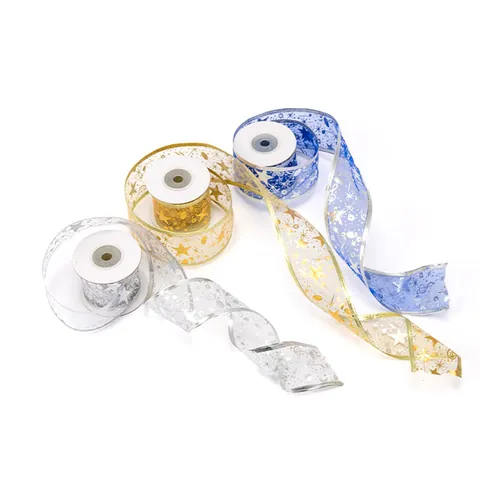 Christmas Ribbon Bronzing Star Snowflake Musical Note Pattern Organza Festive Ribbon For Christmas Tree DIY Decor Gift Wrapping Home Ornament