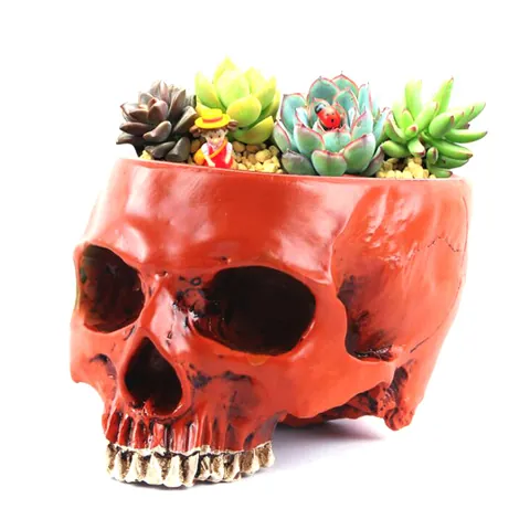 Halloween Skull Flower Pot Resin Succulent Planter Gothic Home Decor Ornament Movie Scene Prop Vintage Orange Red Garden Pot