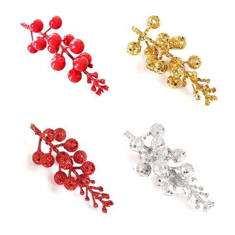 Tiges de Baies Artificielles de Noël PVC Paillettes Rouges Or Argent Baies pour Décoration Arbre de Noël DIY Artisanat Ornements
