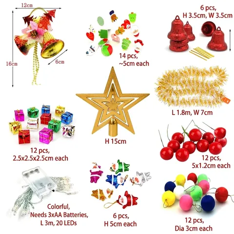 Christmas Tree Decoration Ornament Set Variety Pack PVC Festive Reindeer Bell Star Tinsel Garland Holiday Party Home Decor