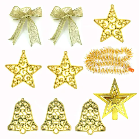 Festive Christmas Tree Ornament Set Including Hollow Stars Bells Reindeer Bows And Tinsel Garlands For Holiday Home Party Decoration