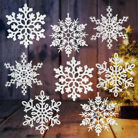3 Pieces Christmas Tree Hanging Ornaments White Glitter Acrylic Snowflake Decorations For Holiday Home Party Winter Decor